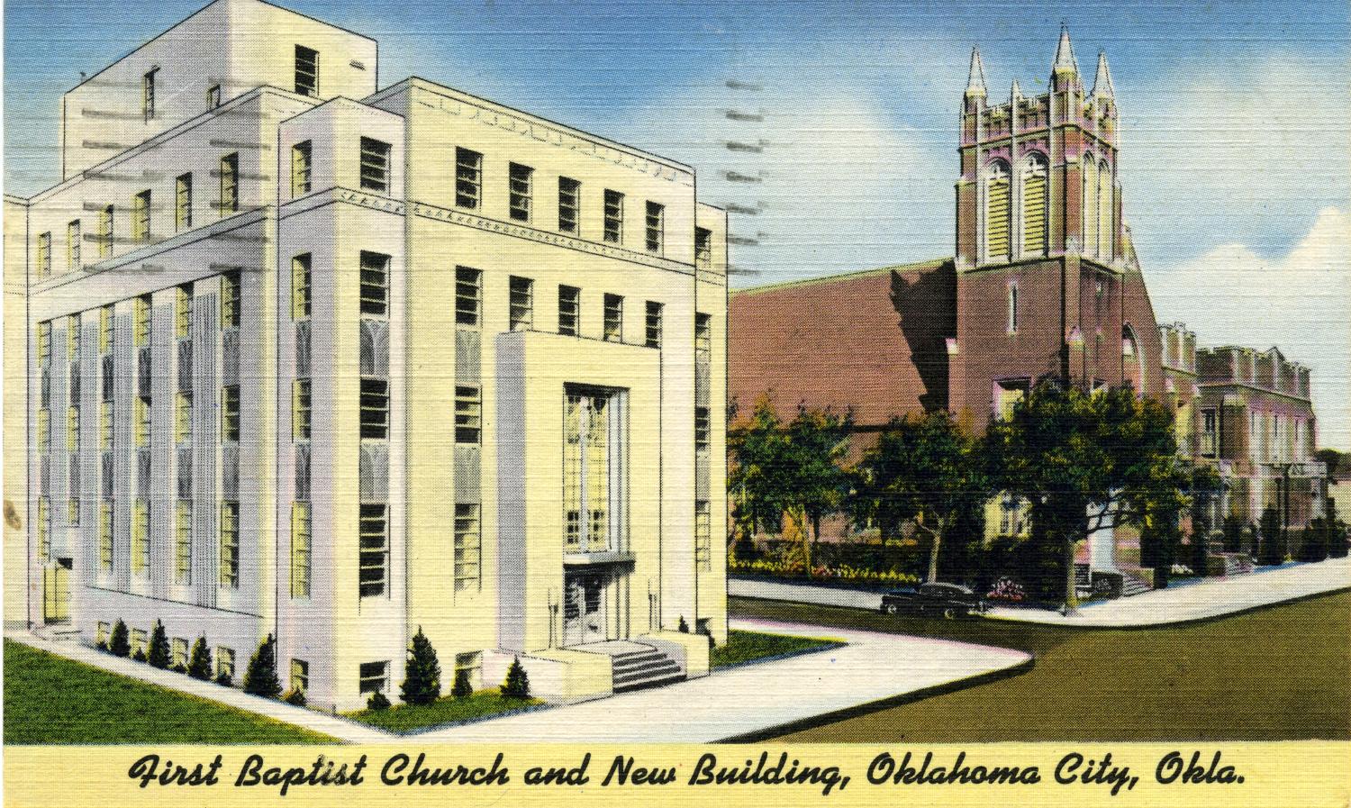 A 1950 color postcard of the new Baptist Building at 1141 N Robinson, a cream limestone Art Deco tower with tall vertical window bays, beside the brick Gothic tower of First Baptist Church